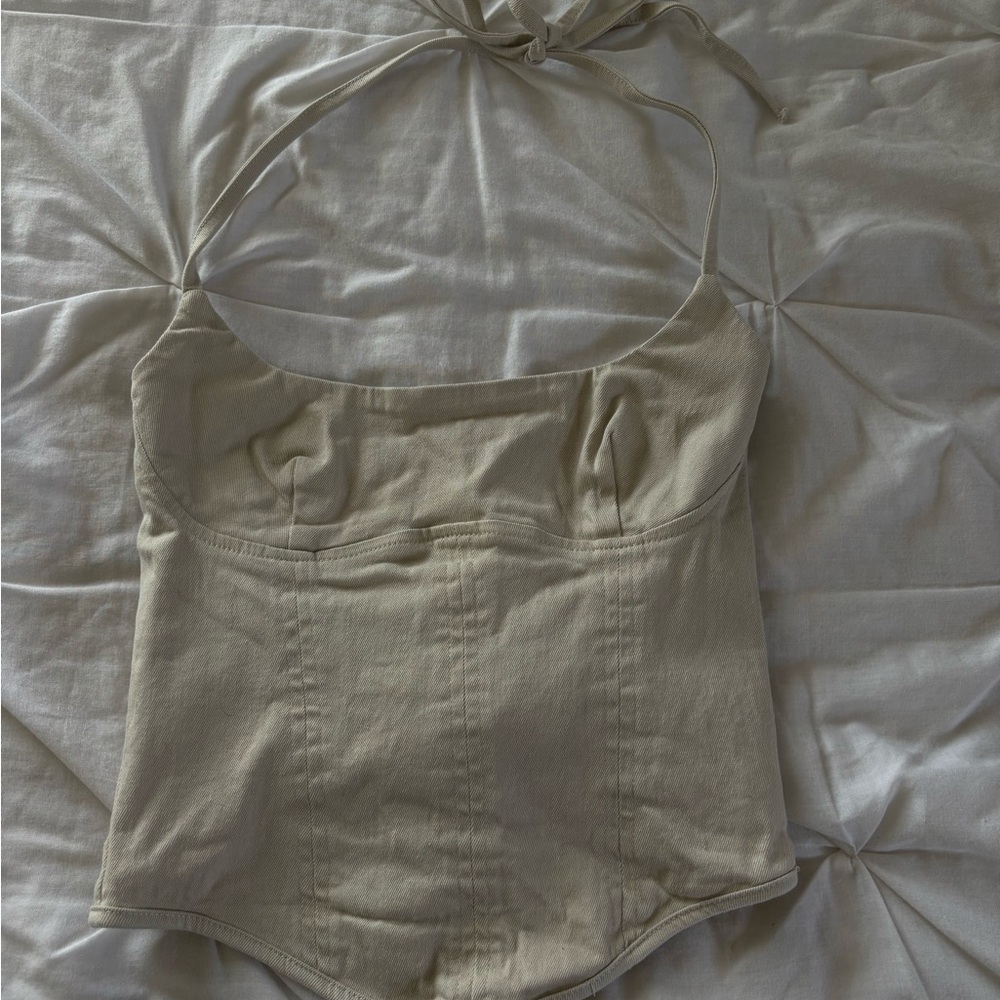 Edikted Beige Linen Corset Halter Top